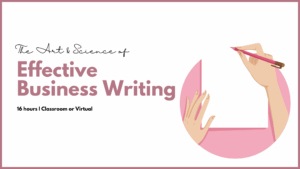 Illustrated banner for "The Art & Science of Effective Business Writing" workshop by ExeQserve. Features a hand writing on paper with a pink pencil. Includes details: 16-hour duration, available in classroom or virtual formats.