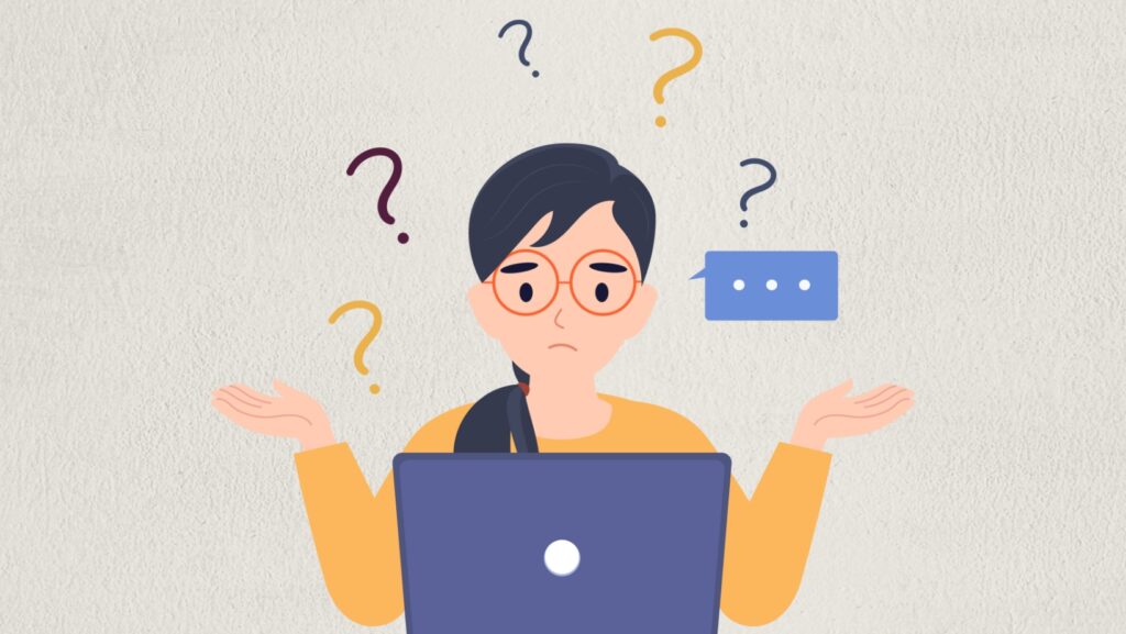 Confused person in front of a laptop surrounded by question marks, illustrating the lack of clarity in business writing