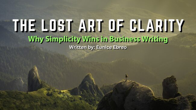 Mountain landscape with a lone figure standing on a cliff, symbolizing the power of clarity in business writing